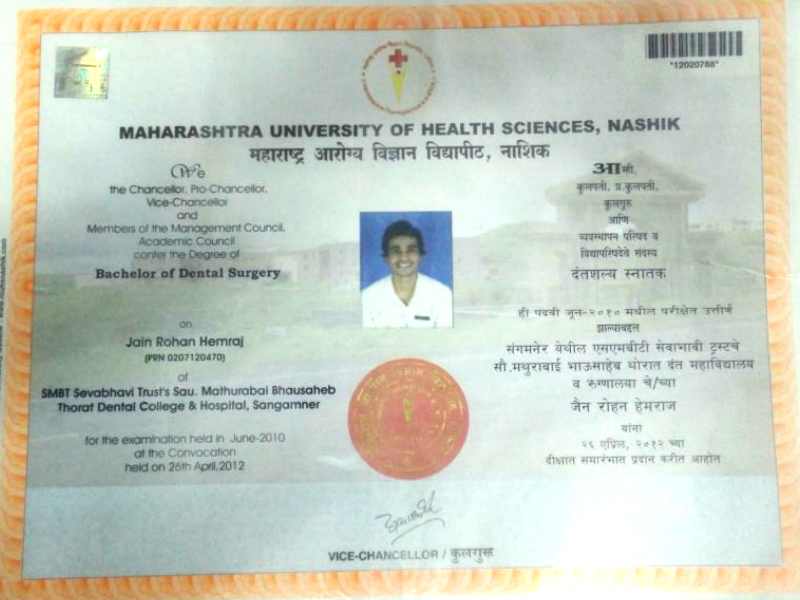 Orthodontists certificate